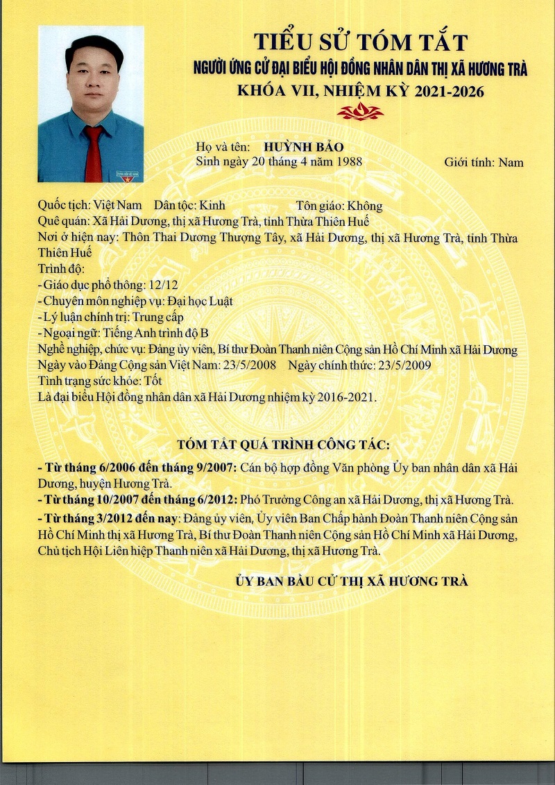 Tiểu sử và chương trình hành động của ông Huỳnh Bảo, ứng cử Đại biểu HĐND thị xã khóa VII, nhiệm kỳ 2021 - 2026